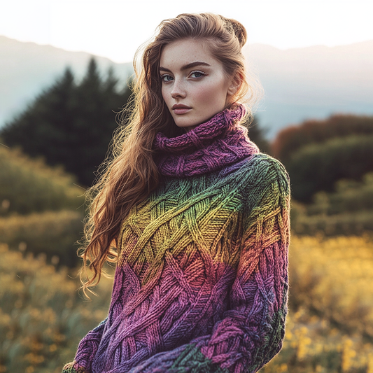 Retro Rainbow Warmth Celtic Knot Knitted Gradient Turtleneck Sweater elevenforest