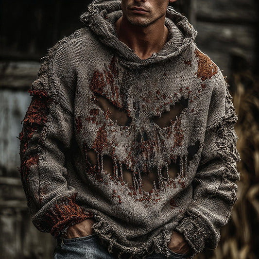 Men's Halloween Rusty Spooky Face Inspired Knitted Distressed Hooded Sweater artswardrobe