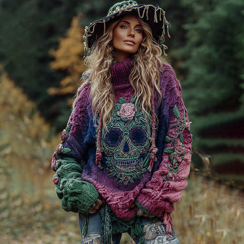 Women's Viking Tribal Jacquard Celtic With Rose And Skull Inspired Chunky Knit Turtleneck Sweater artswardrobe