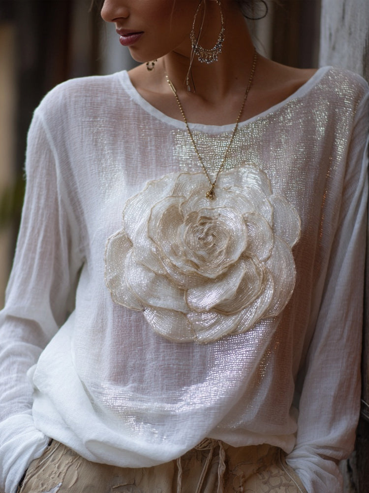 Comstylish Elegant Glitter White Rose Embroidered Cozy Linen Tunic