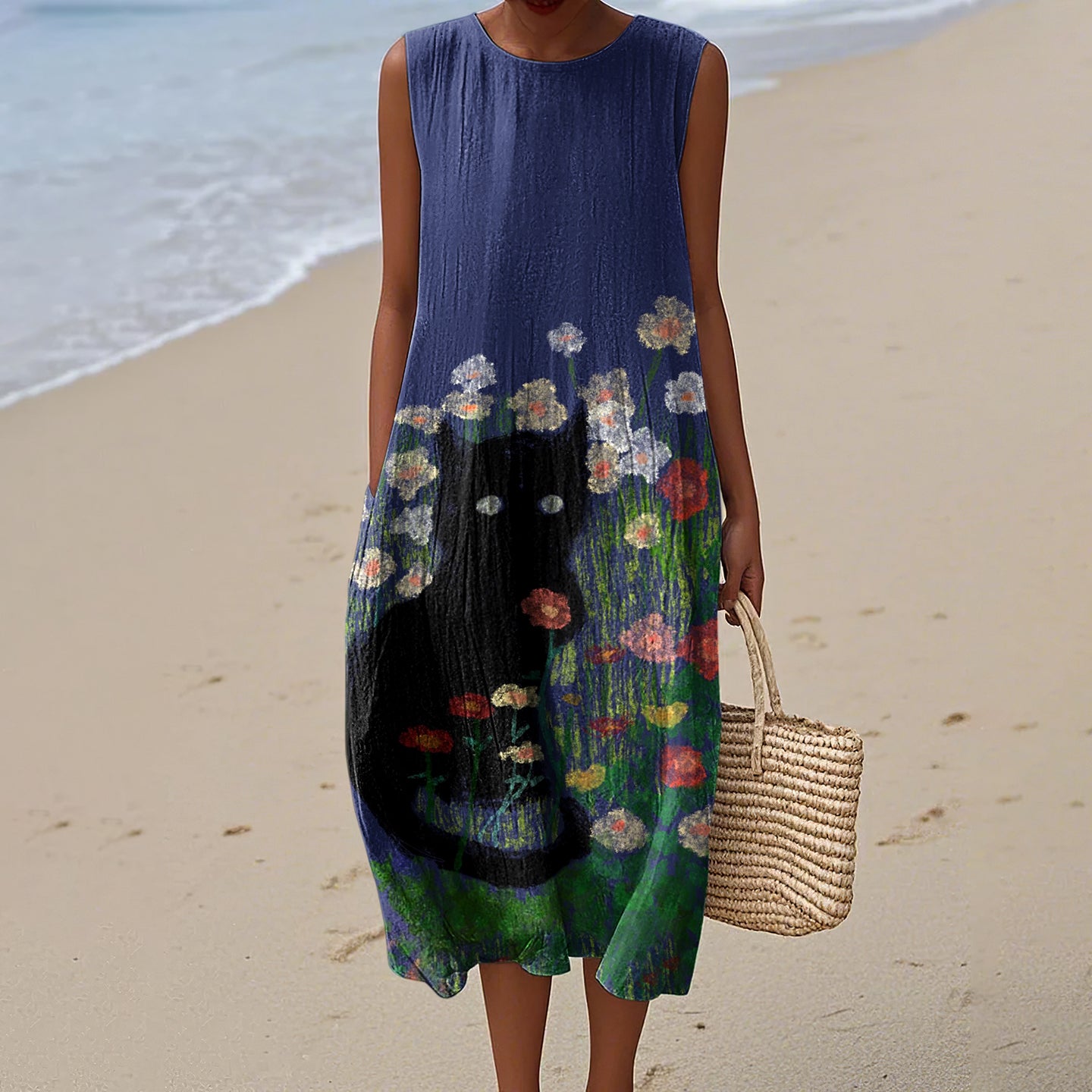 Women's Black Cat In Floral Painting Print Midi Tank Dress elevenforest