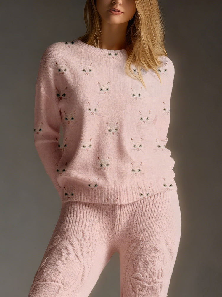 Comstylish Cute Cat Face Pattern Round Neck Cozy Knit Sweater