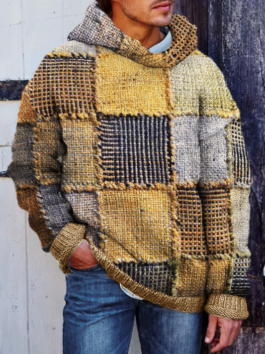 Men's Retro Colorblock Patchwork Stitched Cozy Hooded Sweater elevenforest