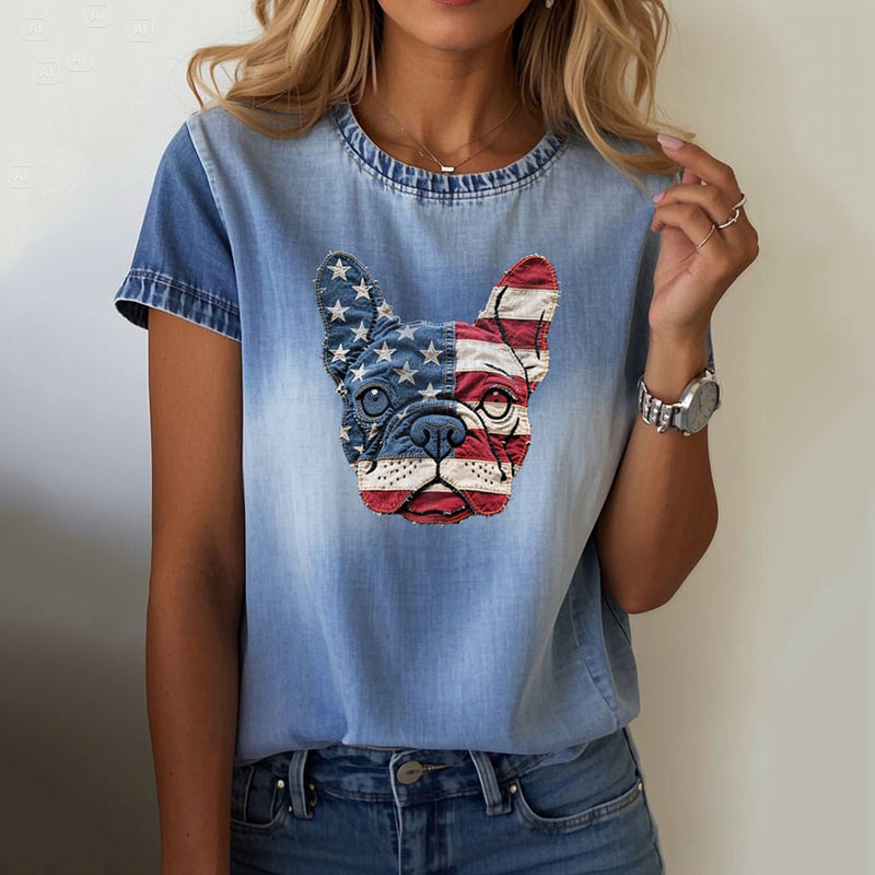 Comstylish Women's Independence Day Denim Dog Print T-shirt