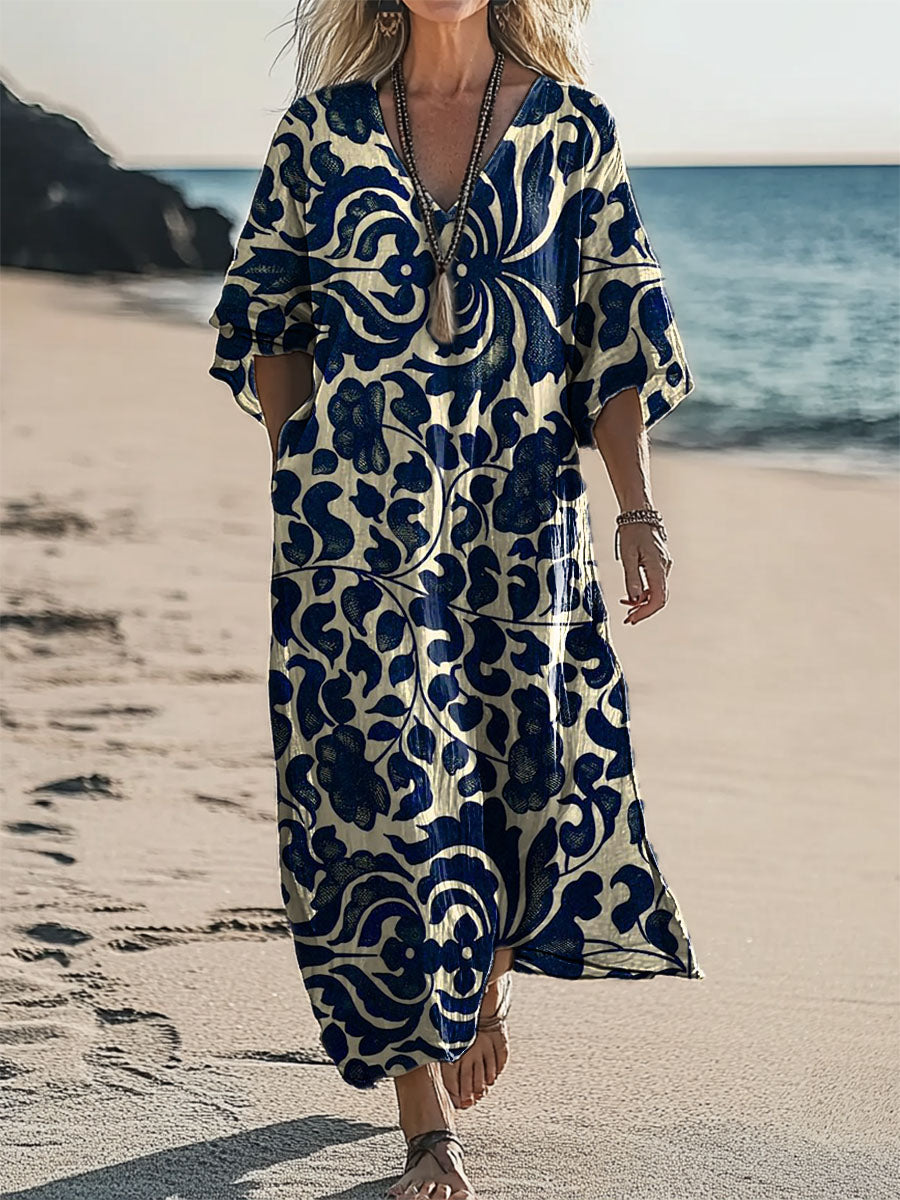 Women's Folk Floral Print V-Neck Comfort Cotton Pocket Dress