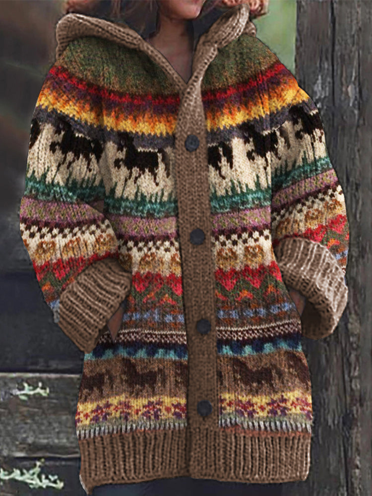 Running Horses Colorful Isle Cozy Knit Hooded Cardigan elevenforest
