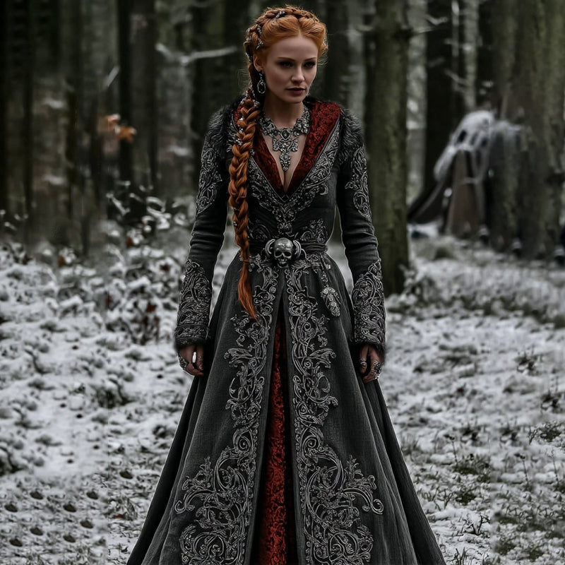 Women's Vintage Evil Skull Embroidery V Neck Casual Maxi Dress artswardrobe