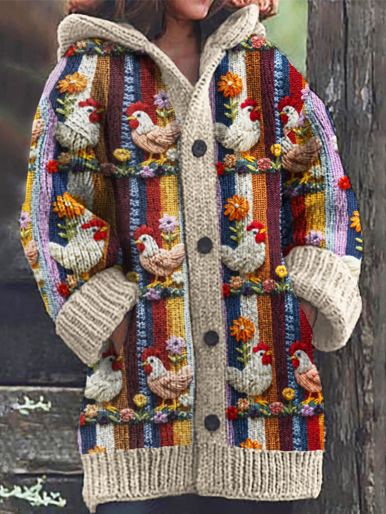 Colorful Striped Chicken Farm Animal Women's Cozy Hooded Cardigan artswardrobe