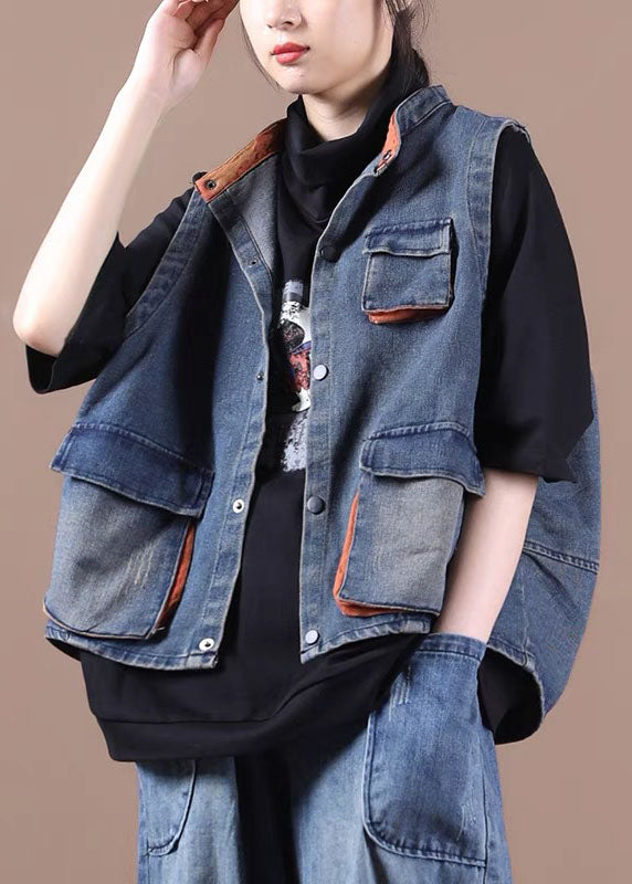 Gilet di jeans blu elegante con bottoni, tasche e patchwork, autunno