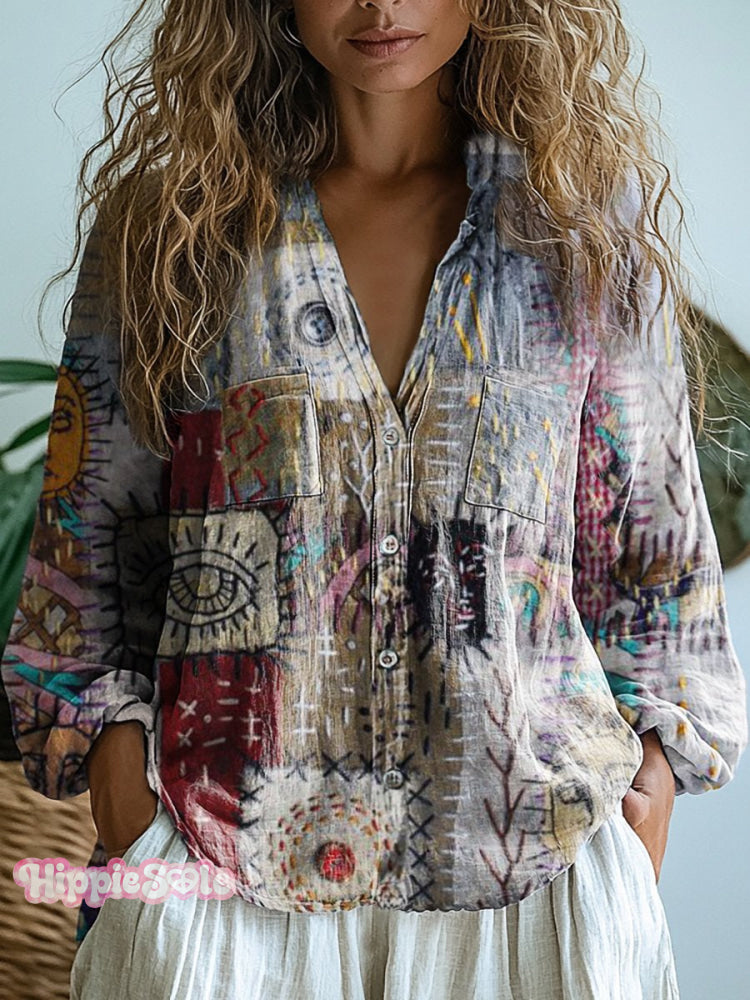 Women's Retro Hippie Patchwork Art Pattern Casual Long Sleeve Comforta