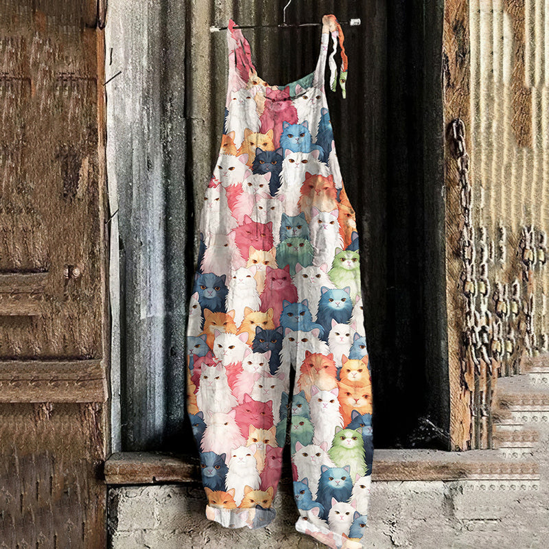 Colorful Cat Print Women's Overalls elevenforest
