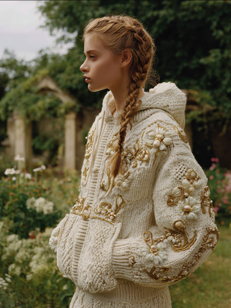 Women's Bohemian Style Plant Flower Pattern Embroidered Hooded Sweater Jacket artswardrobe