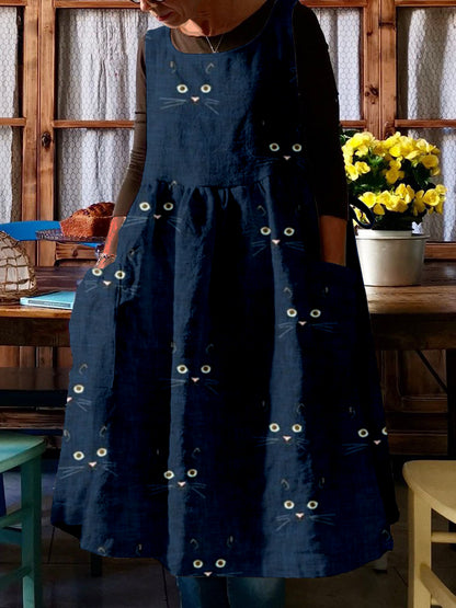 Cute Cat Face Pattern Comfy Midi Pinafore Dress elevenforest