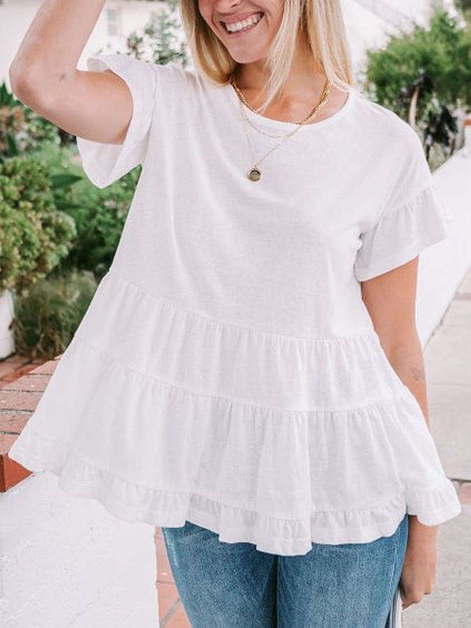Women's Loose Linen O-Neck White Ruffle Tiered Swing Top
