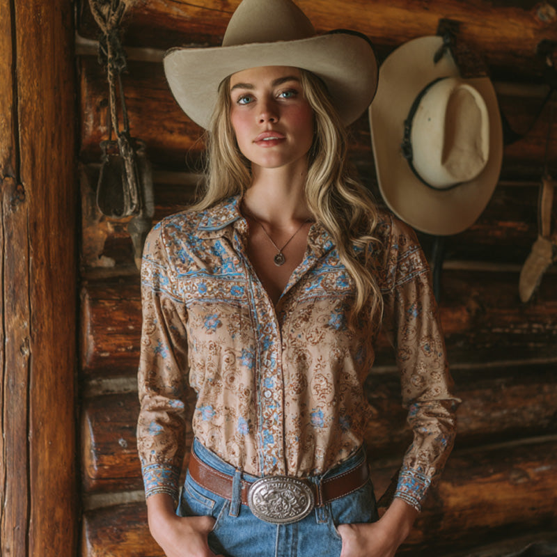 Women's Vintage Western Floral Design Cotton And Linen Blend Shirt artswardrobe