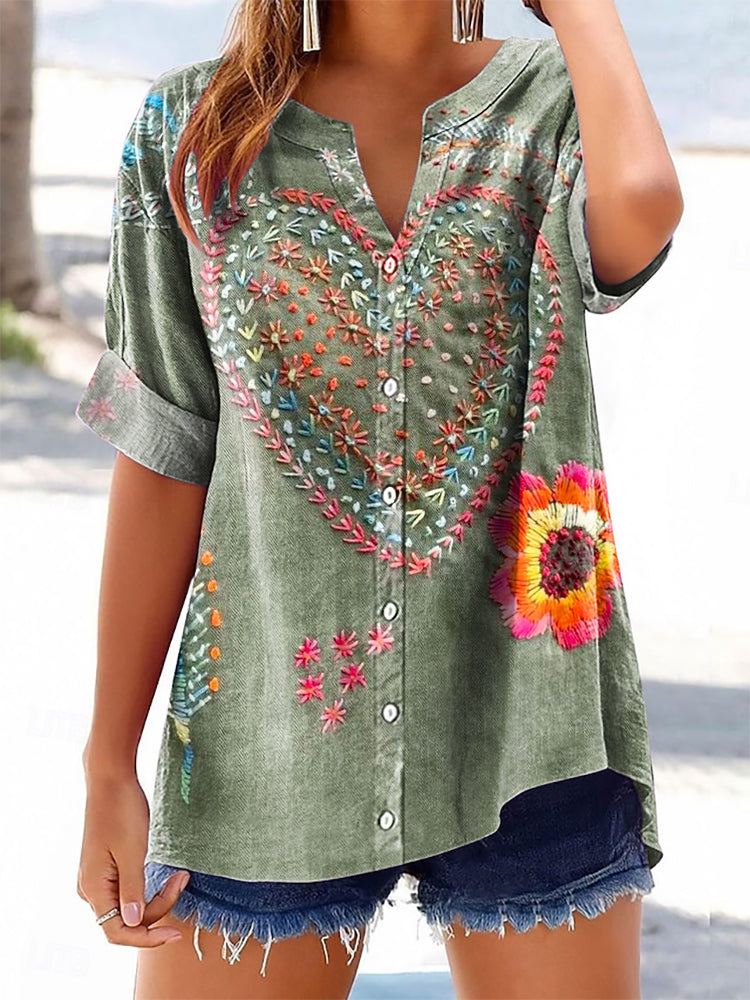 Women's Vintage Bohemian Floral Love Art Print Casual Cotton And Linen