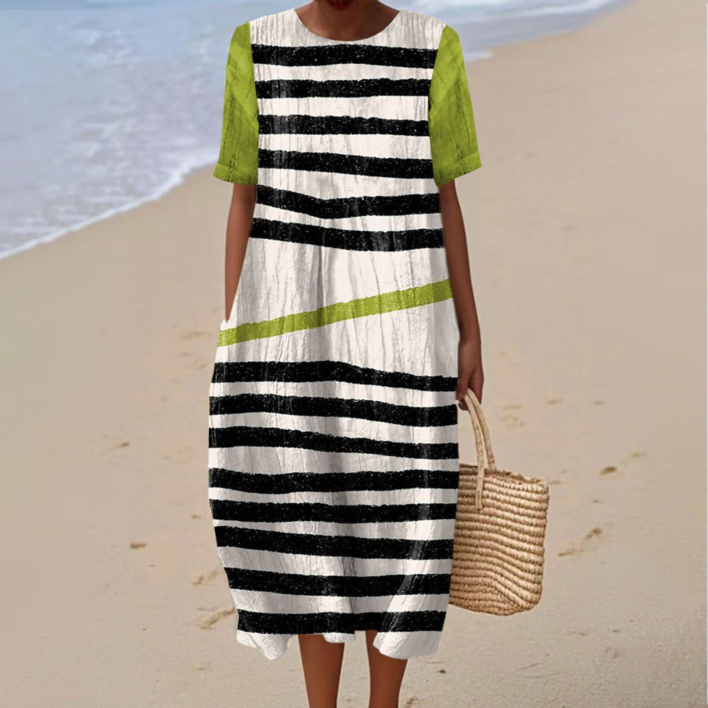 Women's Retro Irregular Stripe Art Print Casual Dress artswardrobe