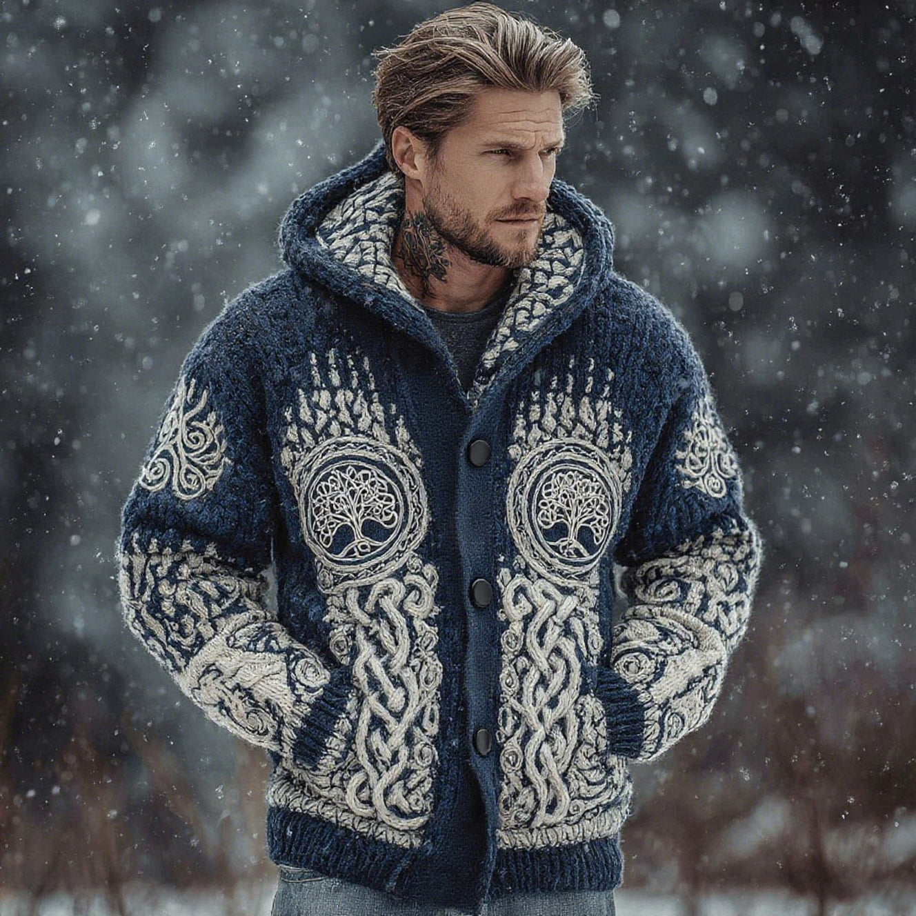 Men's Viking Celtic Knot Tree Of Life And Bear Paw Art Knit Button Hooded Sweater artswardrobe