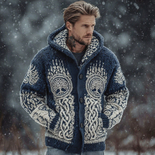Men's Viking Celtic Knot Tree Of Life And Bear Paw Art Knit Button Hooded Sweater artswardrobe