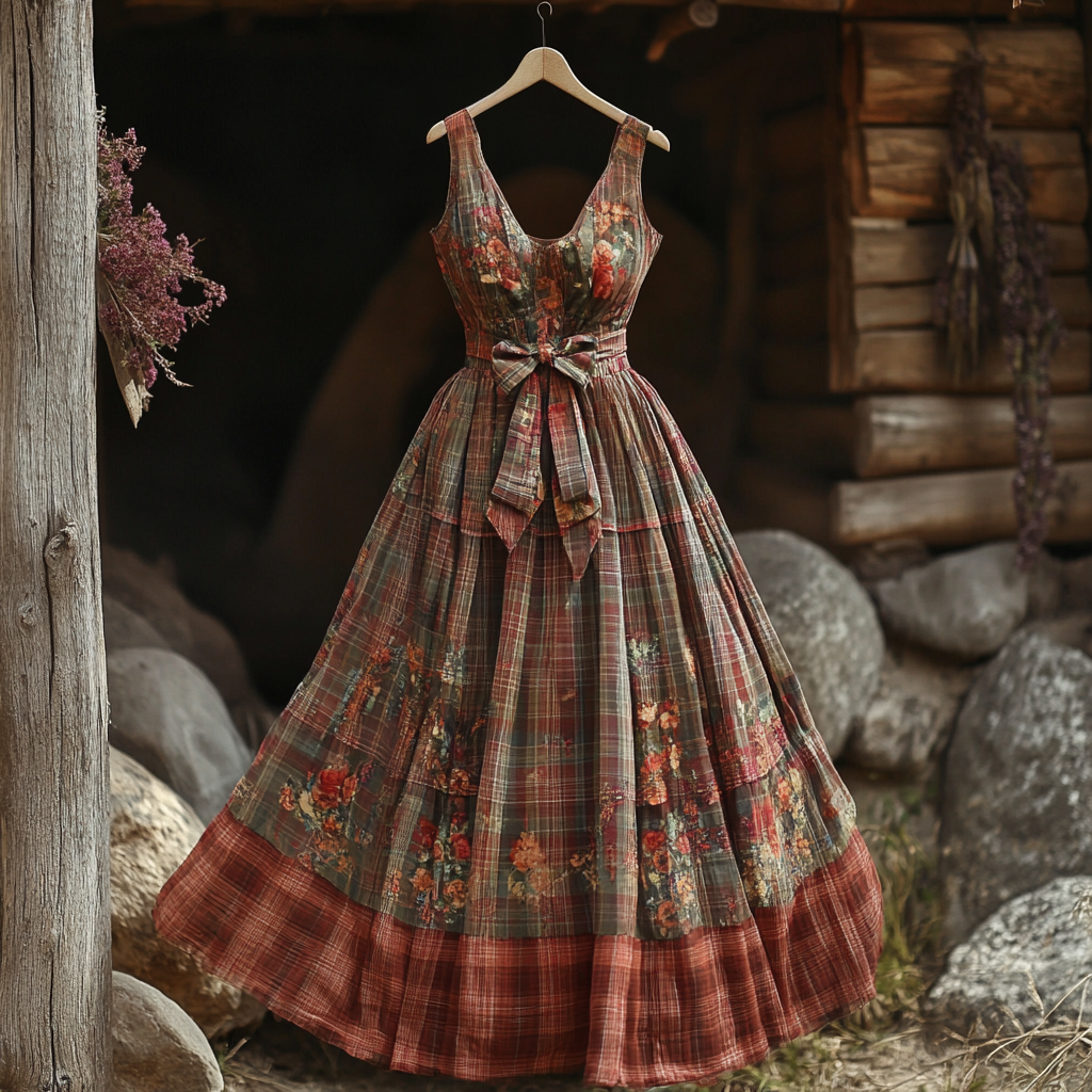 Women's Retro Floral Plaid Stitching Design Cotton And Linen Sleeveless Dress artswardrobe