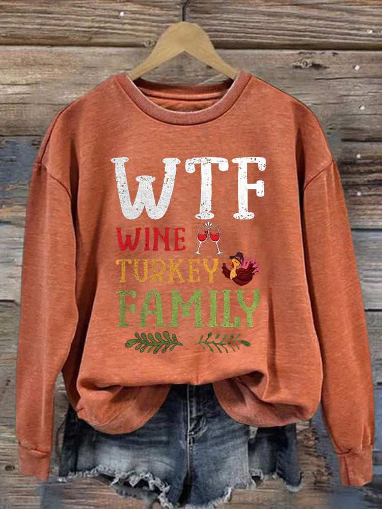 Comstylish Women's Casual Wtf Wine Turkey Family Print Long Sleeve Sweatshirt
