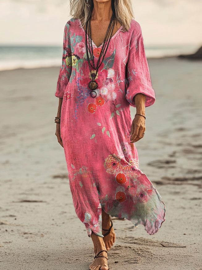 Women's Retro Flower Art Print Pocket Cotton Dress