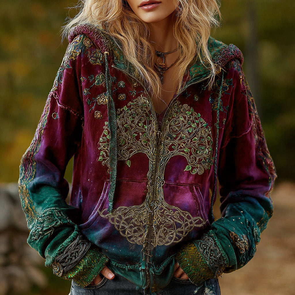 Comstylish Women's Vintage Viking Tree Of Life Cozy Warm Zip Hoodie Cardigan