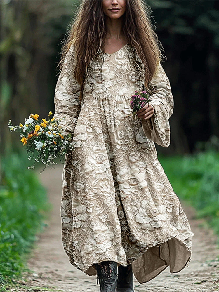 Vintage Floral Lace Embroidered Flowy Linen Blend Maxi Dress artswardrobe