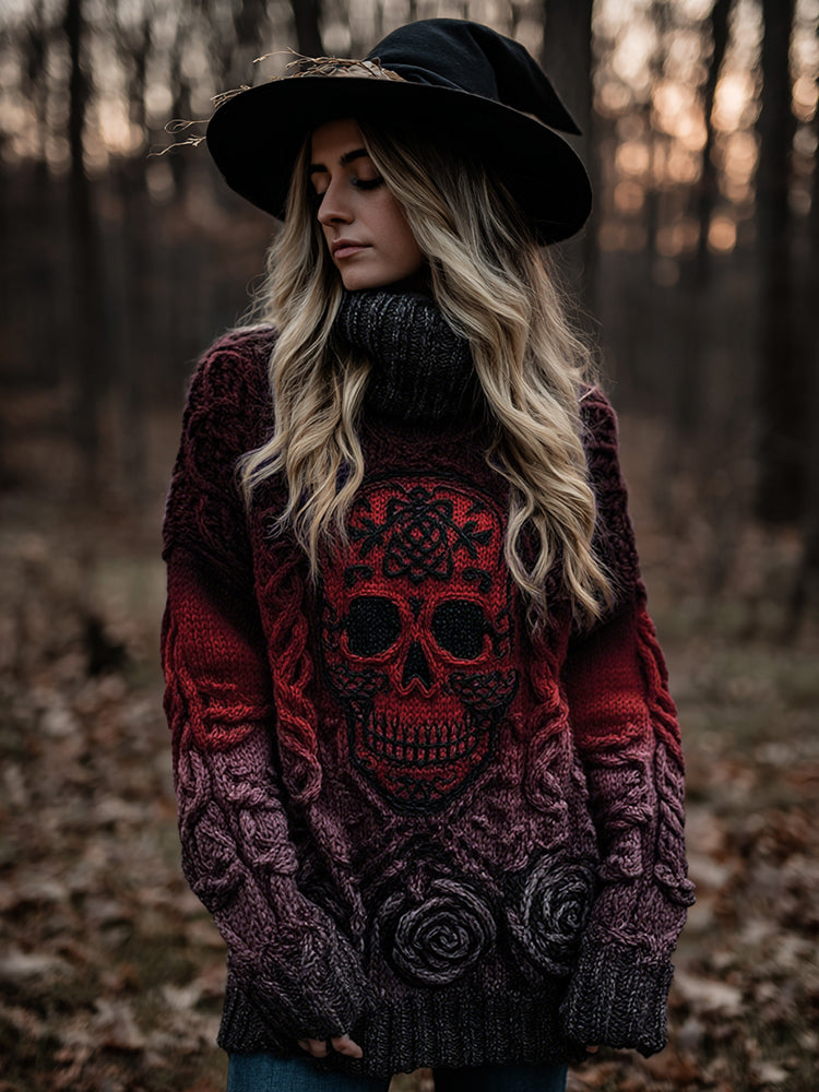 Women's Viking Tribal Jacquard Celtic With Rose And Skull Inspired Chunky Knit Hooded Sweater artswardrobe