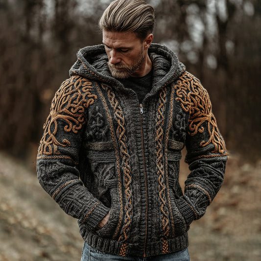 Men's Vintage Viking Celtic Knot Knit Zipper Aran Sweater Hooded Cardigan artswardrobe