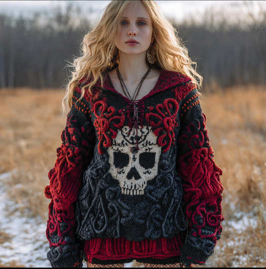 A Woman's Hooded Sweater In Red And Black With Halloween Rose And Skull Elements elevenforest