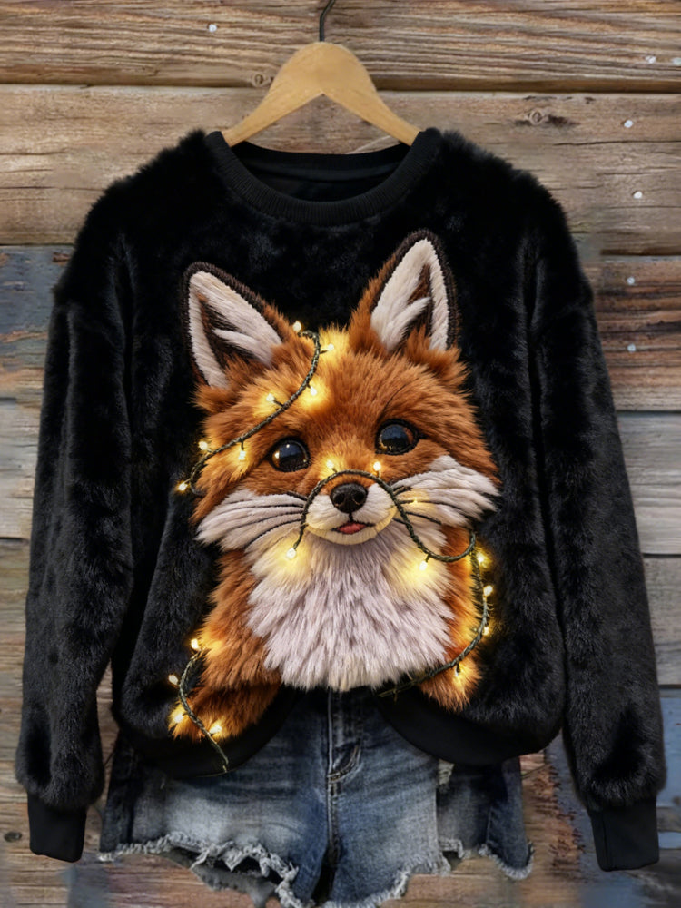 Comstylish Christmas Lights Tangled Fox Art Cozy Plush Sweatshirt