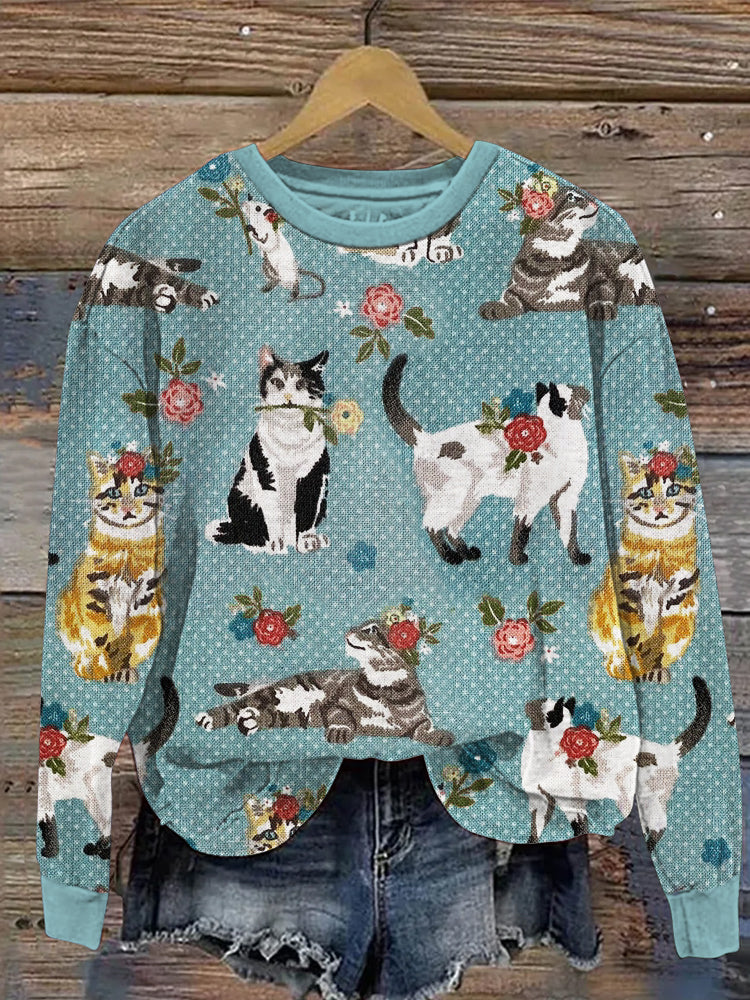 Comstylish Vintage Polka Dot & Cats Print Long Sleeve Sweatshirt