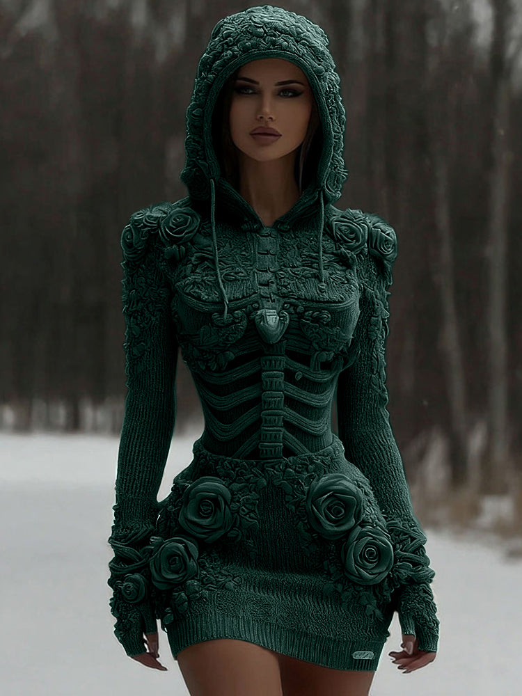 Women's Vintage White Rose And Skull Patchwork Knit Hooded Sweater artswardrobe