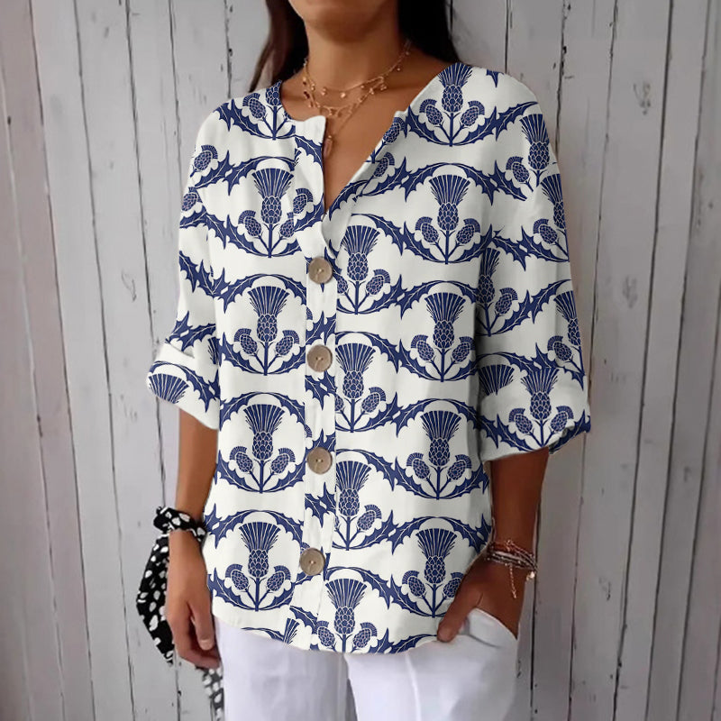 Comstylish Women's Scottish Thistle Print Button Down Shirt