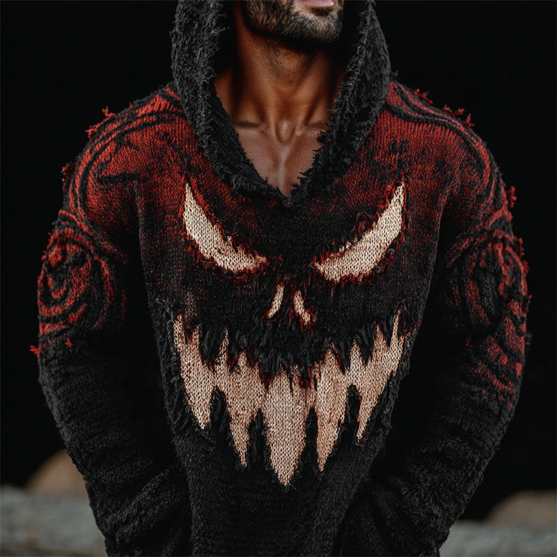 Men's Halloween Monster Face Distressed Gradient Hooded Knit Sweater artswardrobe