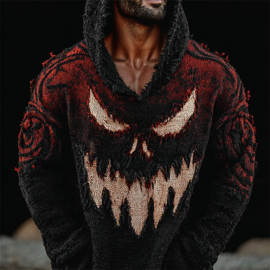 Men's Halloween Monster Face Distressed Gradient Hooded Knit Sweater artswardrobe