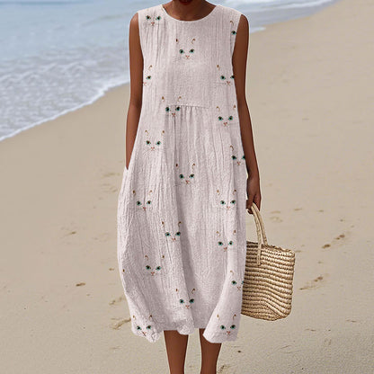 Cute Cat Face Pattern Comfy Linen Tank Dress artswardrobe