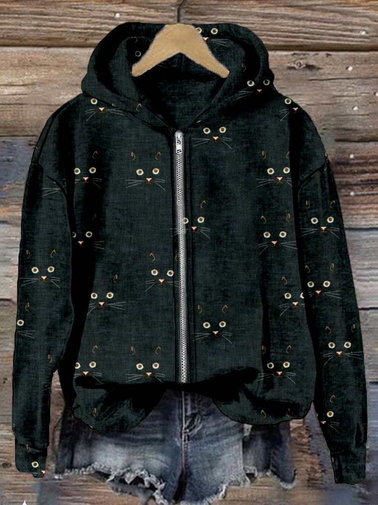Cute Cat Face Pattern Zip Up Comfy Hoodie elevenforest