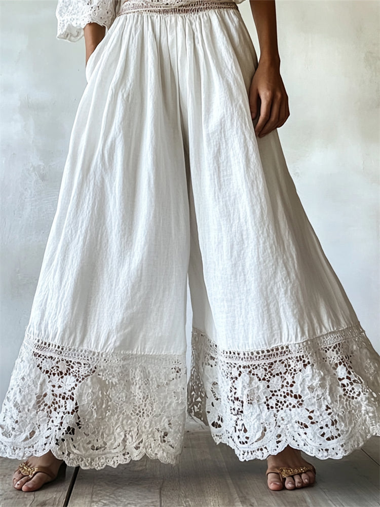 Vintage Boho Floral Lace Hem Flowy Linen Pants artswardrobe