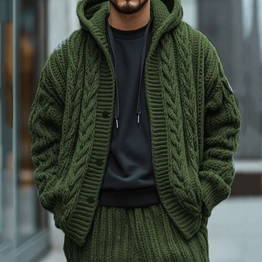 Men'S Thick Knitted Hemp Pattern Hooded Sweater elevenforest