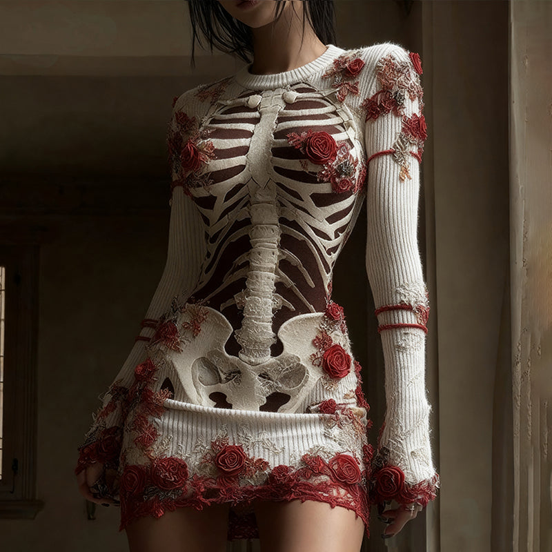 Women's Red Rose Skeleton Art Knit Mini Sweater Dress artswardrobe