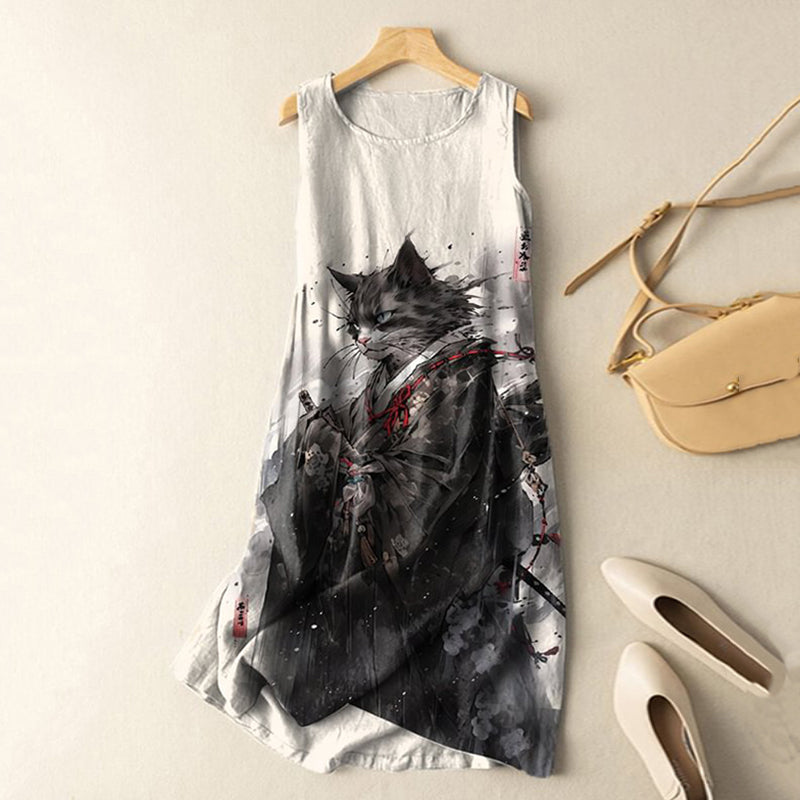 Vintage Japanese Cat Samurai Ink Art Print Sleeveless Cotton And Linen Midi Dress elevenforest
