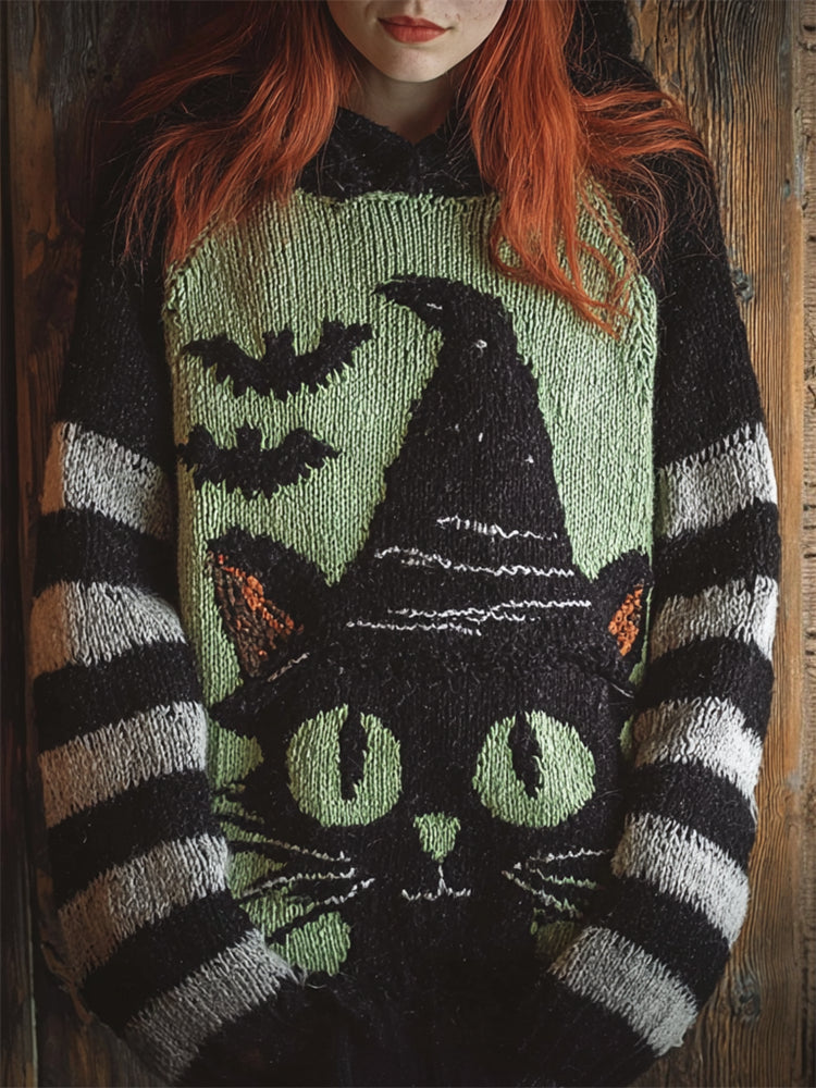 Halloween Witch Black Cat Striped Hooded Sweater artswardrobe