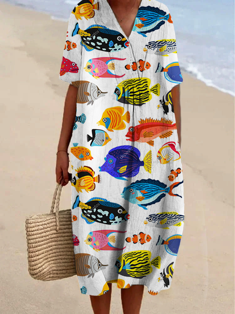 Colorful Cartoon Marine Life Fish Printed Women's Casual Cotton And Linen