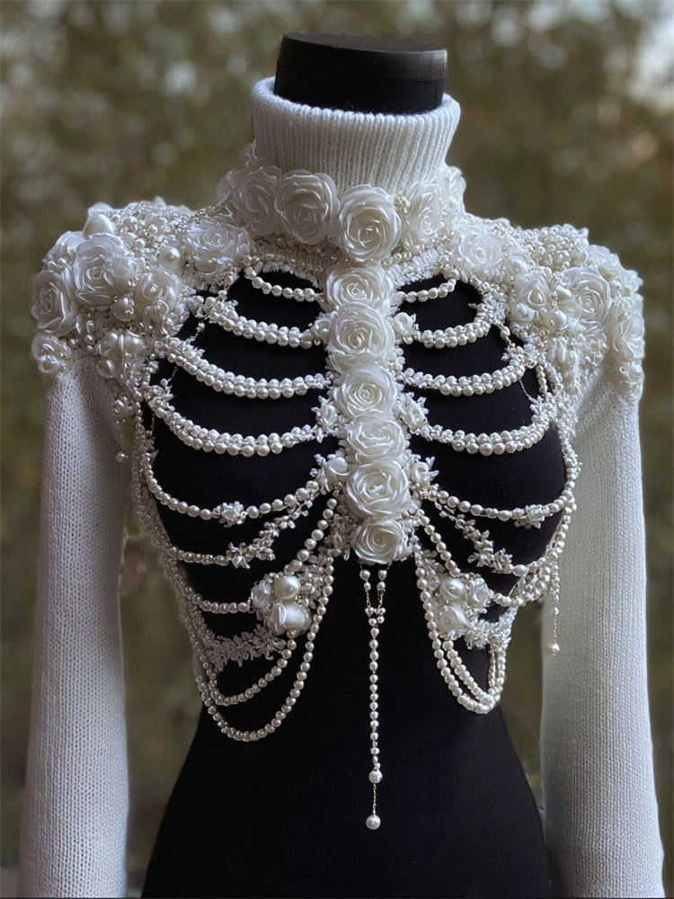 Vintage Roses Skeleton Pearls Beaded Contrast Turtleneck Sweater artswardrobe