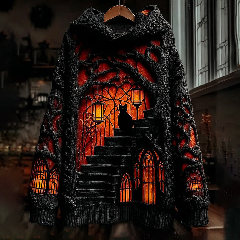Halloween Black Cat Castle Knitted Warm Hooded Sweater elevenforest