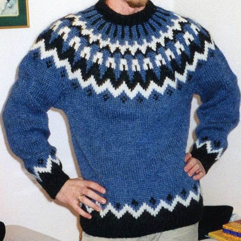 Men'S Vintage Blue Knitted Jacquard Crew Neck Sweater elevenforest