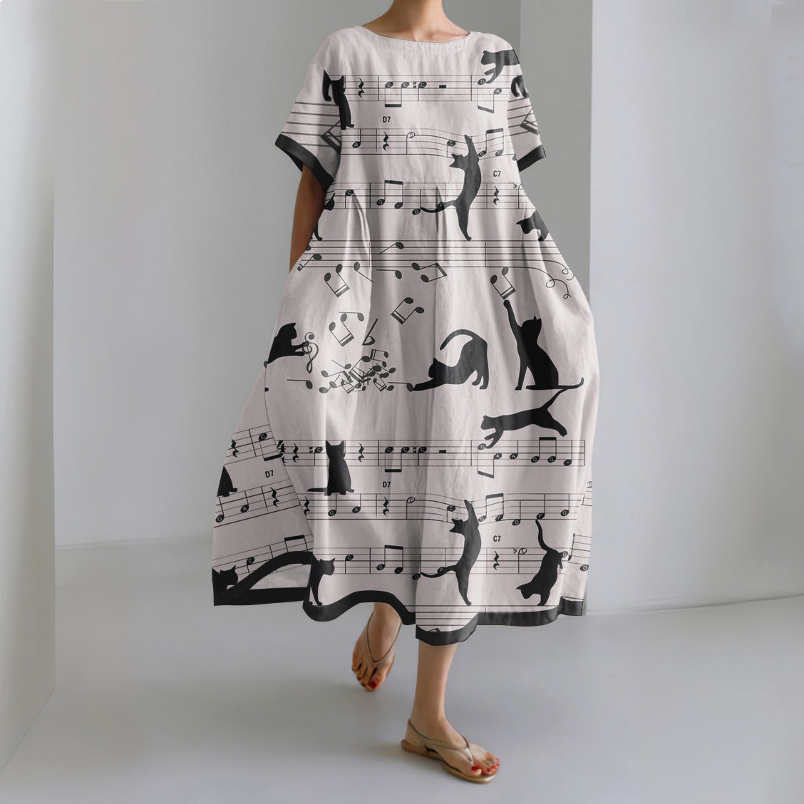 Comstylish Abstract Cute Cat On Sheet Music Print Loose Midi Dress