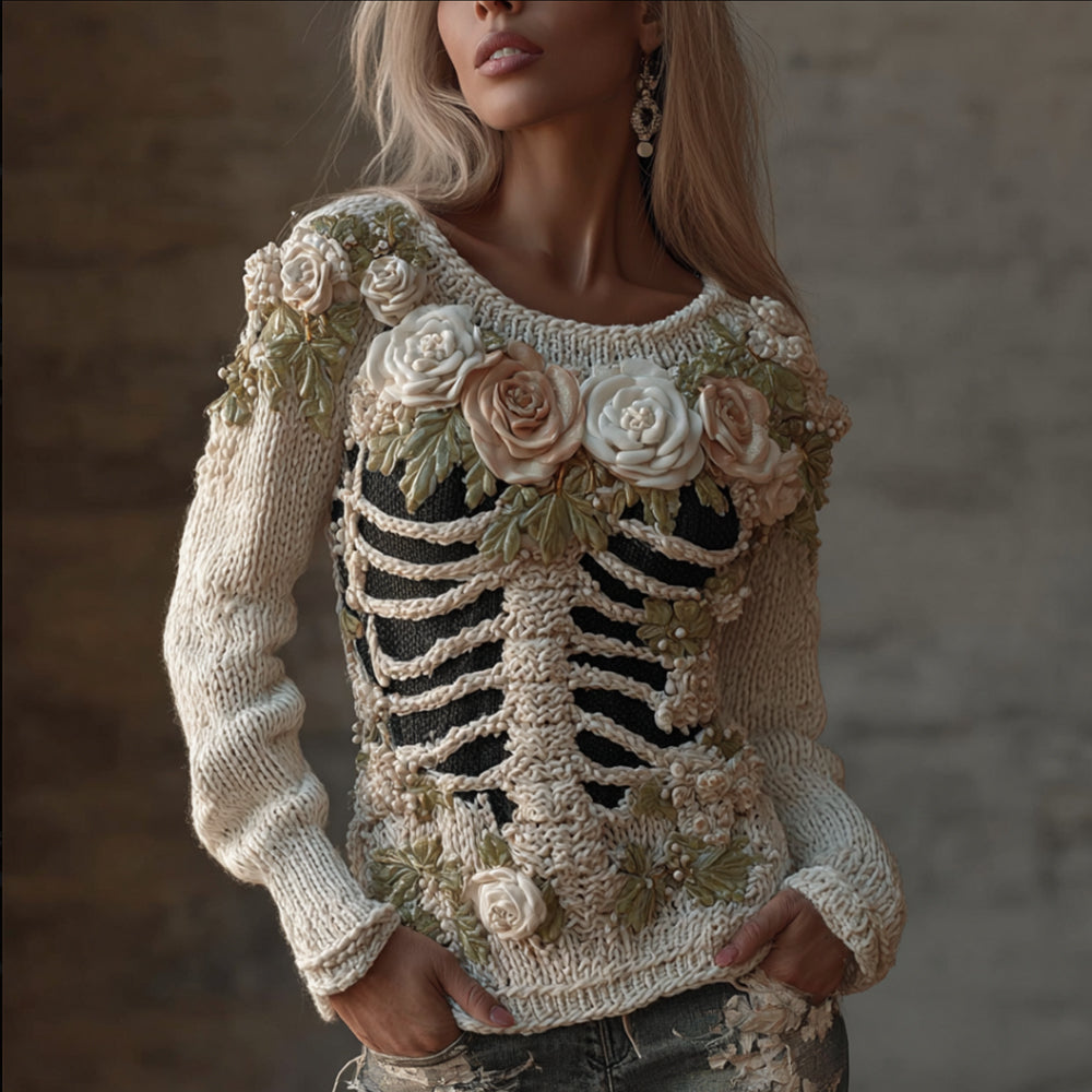 Women's Halloween Skeleton Flower Embroidered Round Neck Sweater artswardrobe